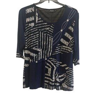 Womens Papa Vancouver Navy & White Abstract Print Tunic Top W/ Pocket & Button D
